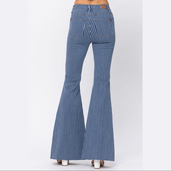 New! Judy Blue Hi Waist Super Flare Pin Stripe Dark Wash - Picture 8 of 11